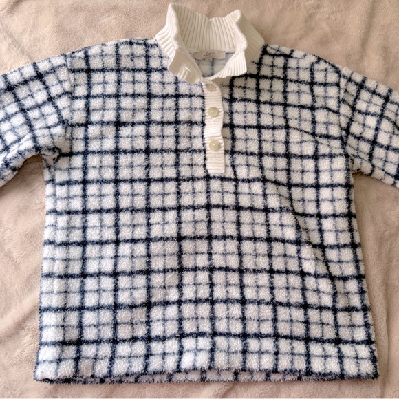 LOFT Windowpane Plaid Trim Sherpa Pullover Whisper White Size M - Picture 7 of 9